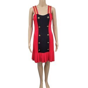 J Harris Vintage Red Black Drop Waist Dress Metal Lion Gold Buttons Pleated